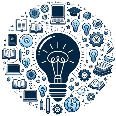 Illustration of a lightbulb, surrounded by other icons related to the topic of "learning"